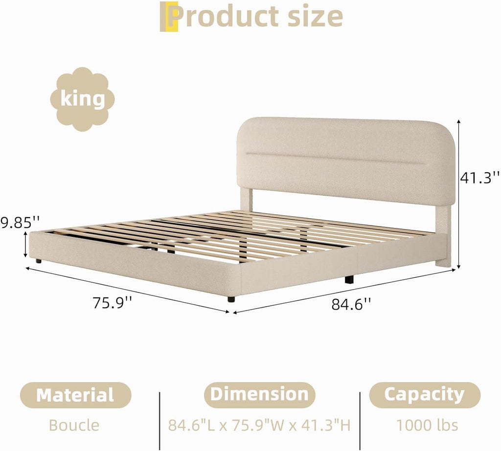 HOMBCK Bouclé Upholstered King Bed Frame | Cream Cloud Platform Bed with Rounded Corners