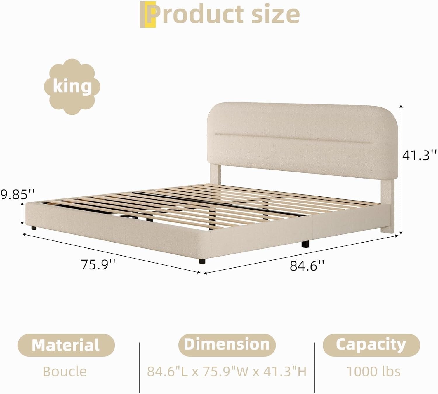 HOMBCK Bouclé Upholstered King Bed Frame | Cream Cloud Platform Bed with Rounded Corners