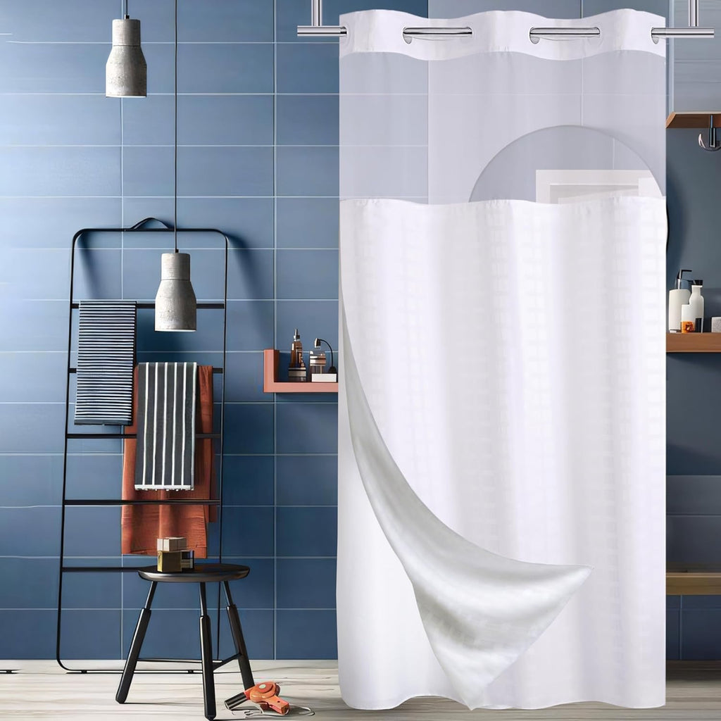 Conbo Mio No Hook Shower Curtain with Snap-In Liner | Hotel Style White Curtain with See-Through Top Waterproof 71x74