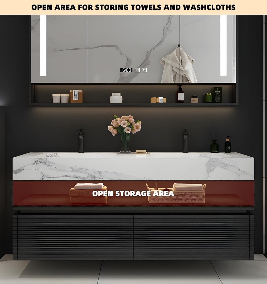 84” Double Sink Bathroom Vanity Set | Black Vanity with LED Smart Defog Mirror & Integrated Sinks