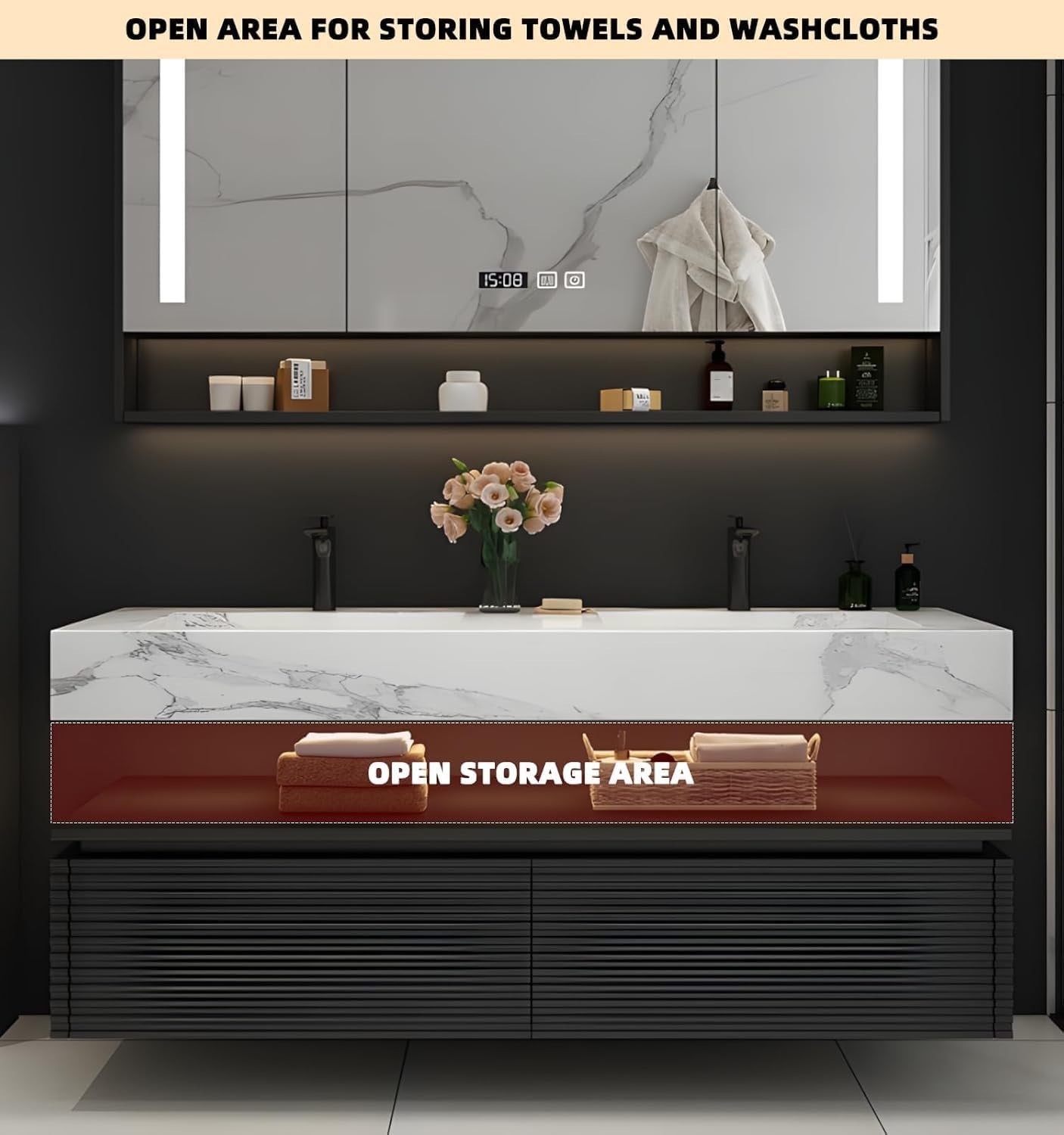 84” Double Sink Bathroom Vanity Set | Black Vanity with LED Smart Defog Mirror & Integrated Sinks