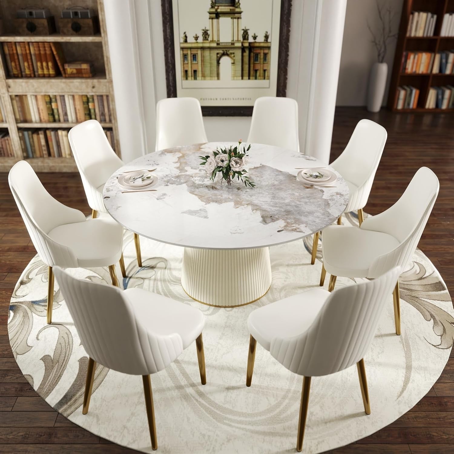 59.05" Modern Round Dining Table White Stone Top | Beige PU Base Pedestal Table for 8 | Contemporary Dining Room Statement