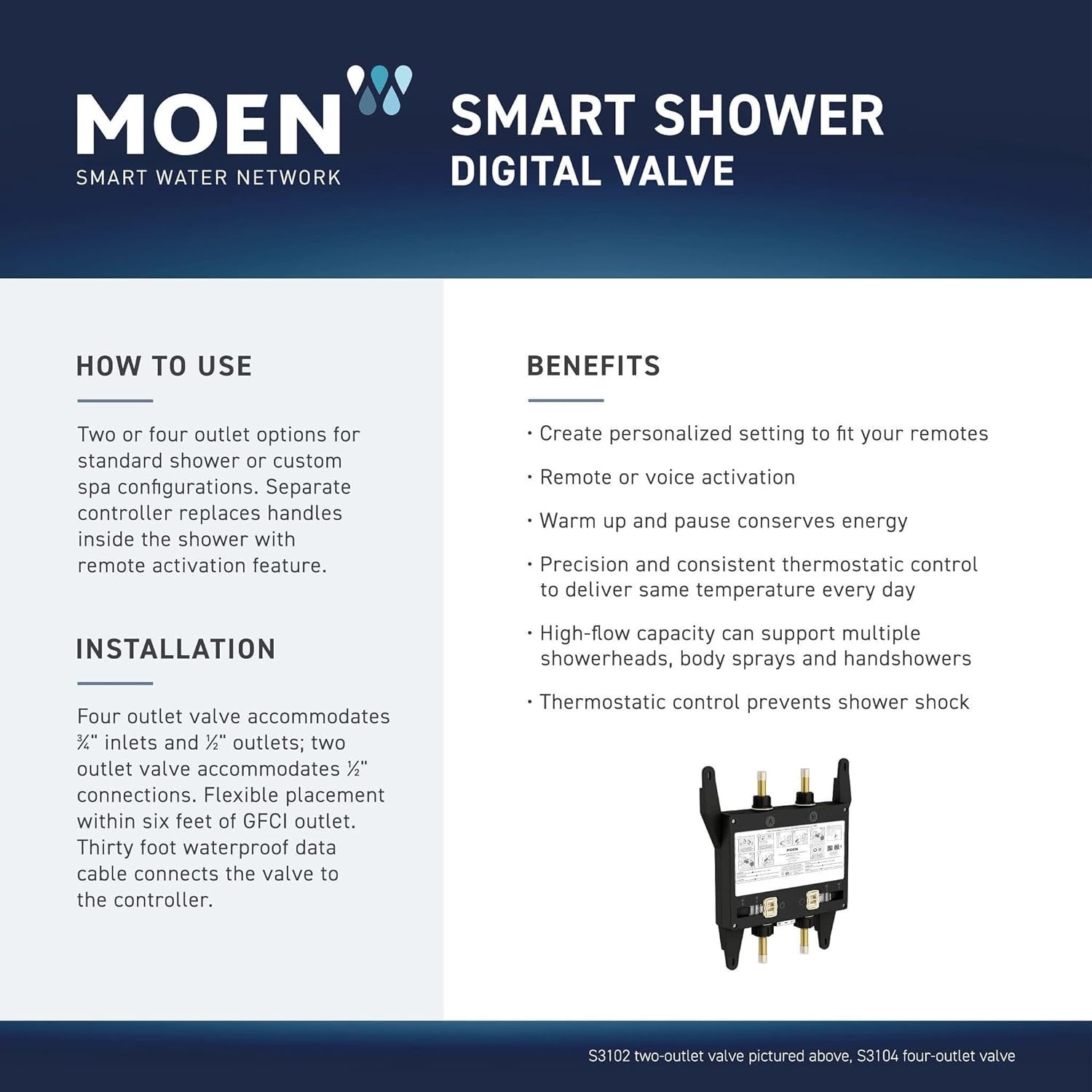 Moen Smart Shower Controller Matte Black TS3302BL | 2-Outlet Digital Thermostatic Shower Valve System