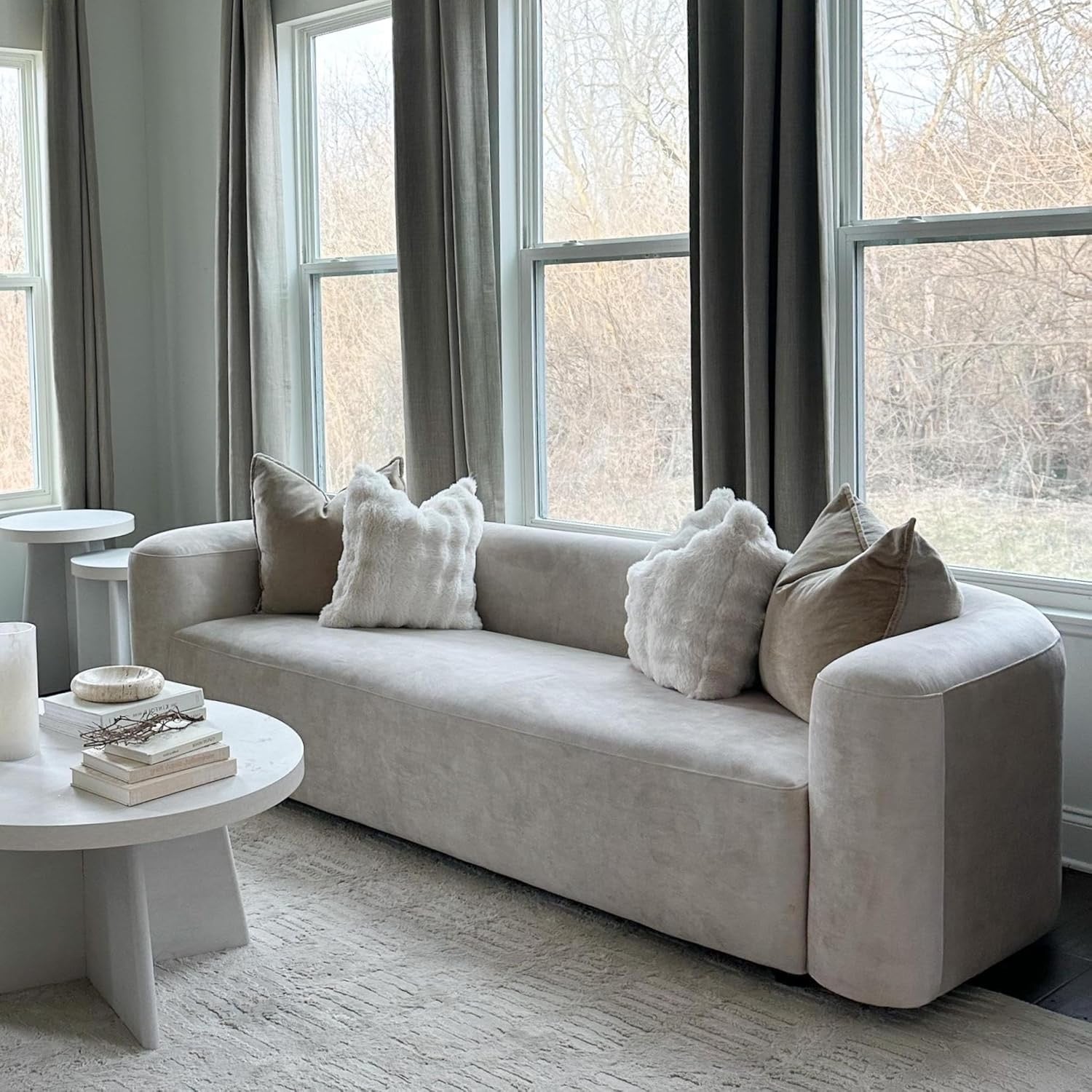 Acanva Luxury Curved Velvet Sofa (3-Seater) | Modern Minimalist Cream Upholstery