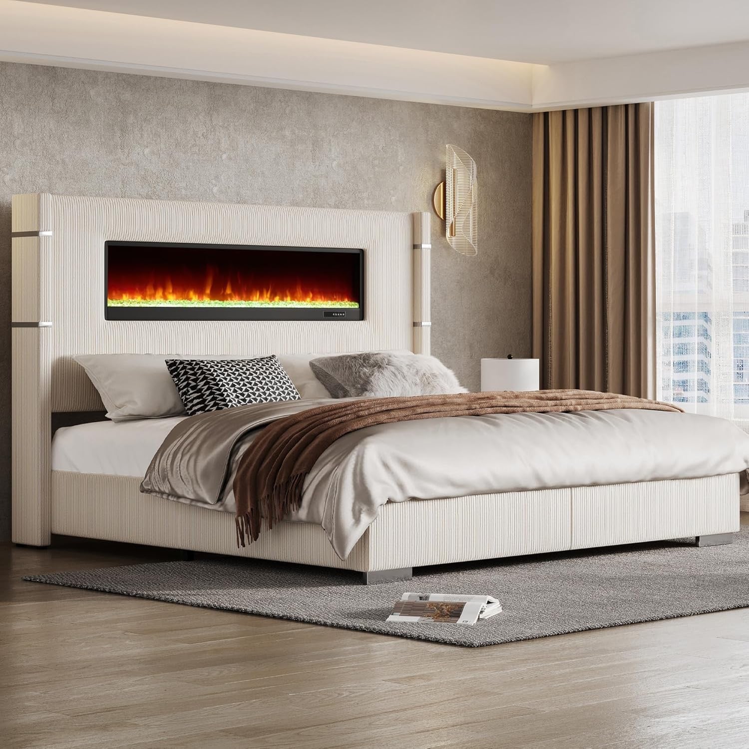 AMERLIFE King Platform Bed with Fireplace | Corduroy Upholstered Wingback Bed with Tall Headboard – Beige