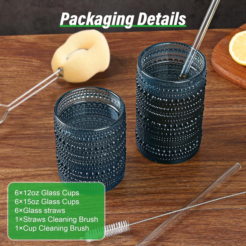 Vintage Blue Hobnail Drinking Glasses Set of 12 | 12oz & 15oz Embossed Glass Tumblers with Cleaning Brush (Retro Cocktail & Everyday Glassware Set)