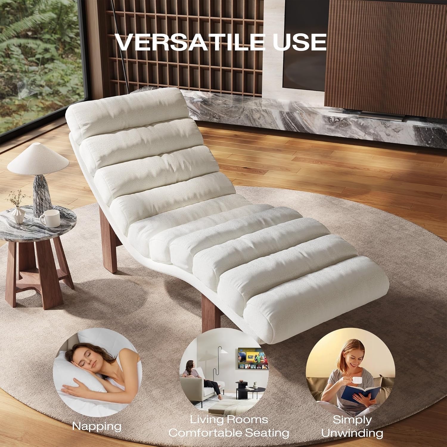 Modern Armless Chaise Lounge Upholstered Chair | Linen Fabric Lounge Chair with Wooden Legs for Living Room Bedroom Office