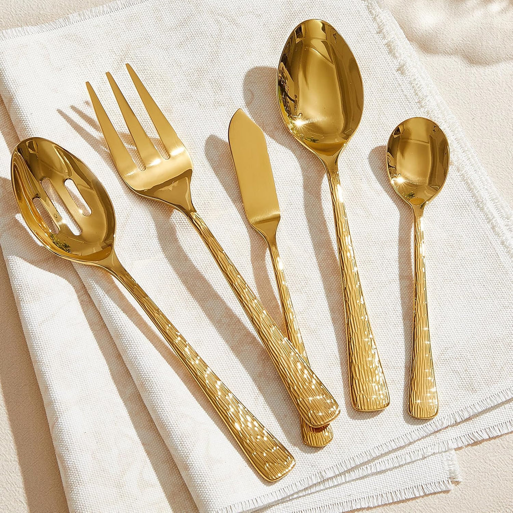 KINGSTONE Gold Hammered Silverware Set | 65-Piece 18/10 Stainless Steel Flatware with Serving Utensils (Luxury Gold Cutlery Set)