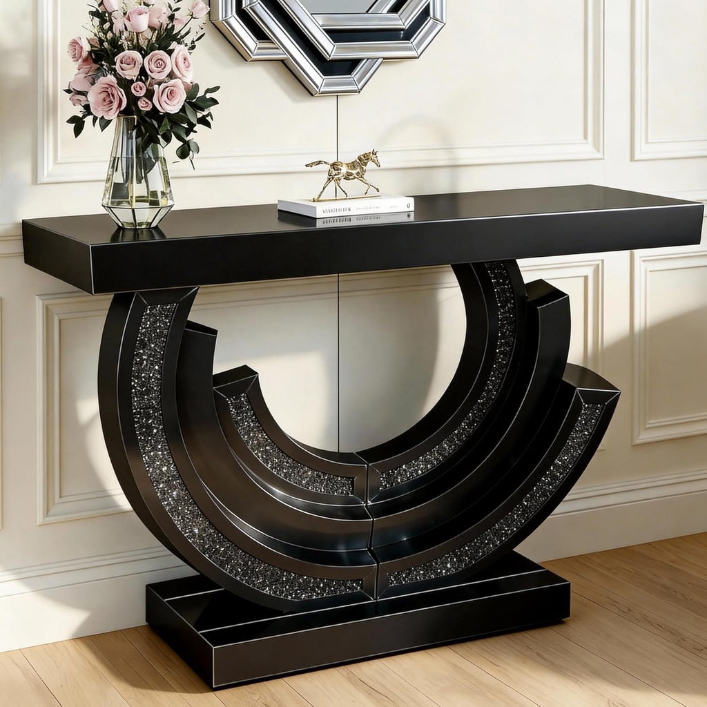 42.9” Mirrored Console Table | Crushed Diamond Inlay Entryway Sofa Table with C-Shaped Base (Black)