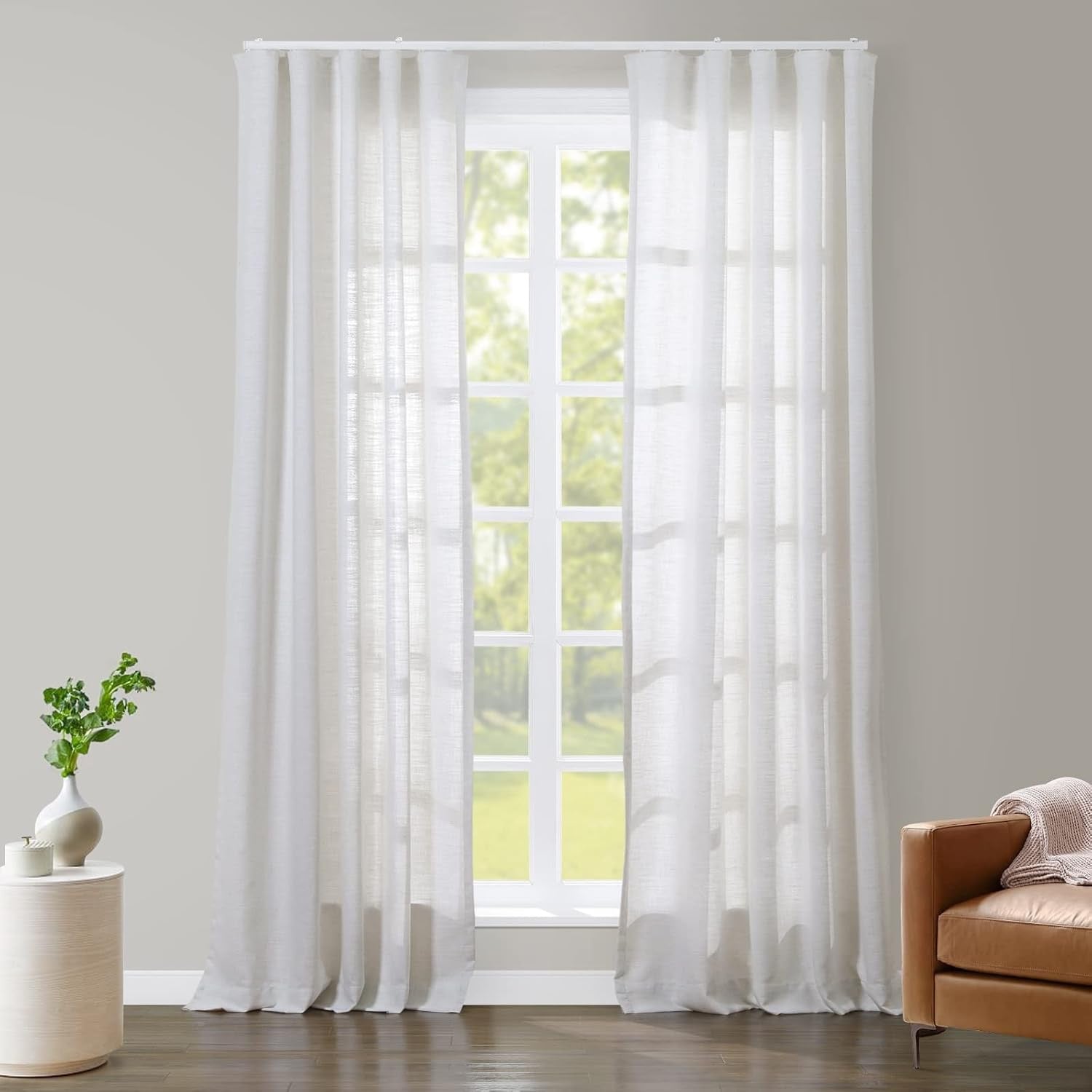 TWOPAGES Custom Ripple Fold Linen Curtains with Ceiling Track Kit – Light Filtering Designer Drapery