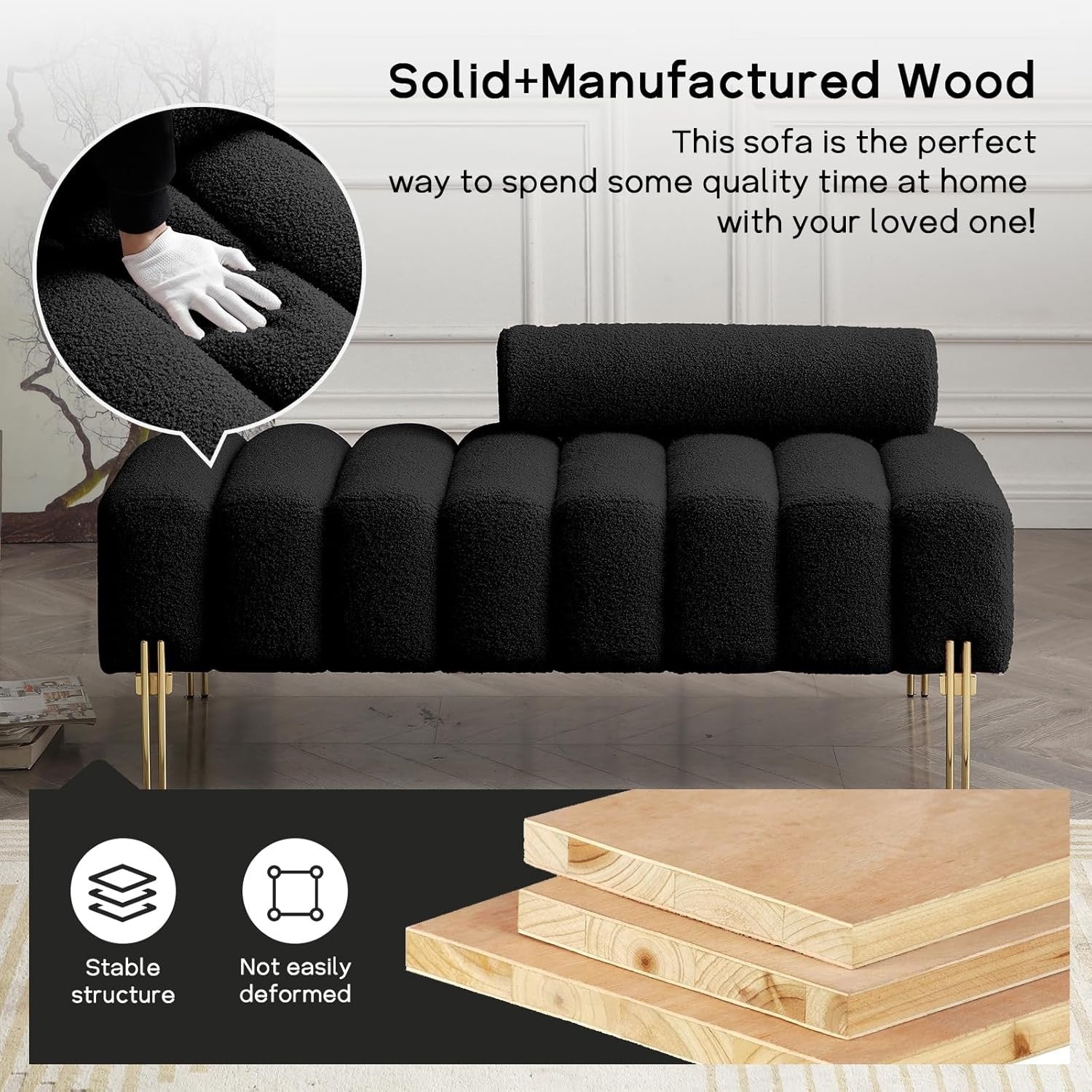 NIOIIKIT 53" Modern Teddy Loveseat | Black Upholstered Accent Sofa with Gold Legs
