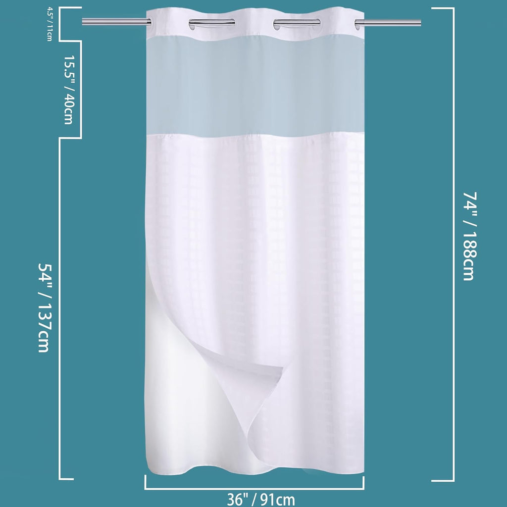 Conbo Mio No Hook Shower Curtain with Snap-In Liner | Hotel Style White Curtain with See-Through Top Waterproof 71x74