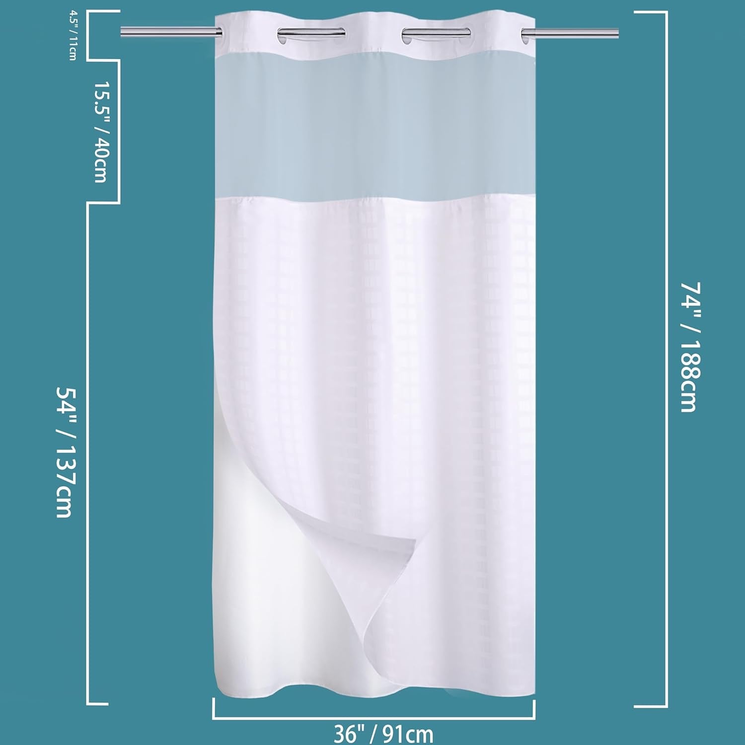 Conbo Mio No Hook Shower Curtain with Snap-In Liner | Hotel Style White Curtain with See-Through Top Waterproof 71x74