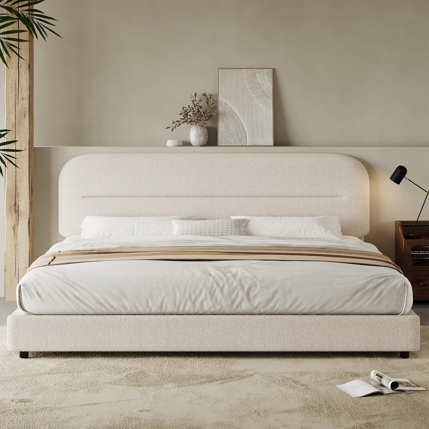 HOMBCK Bouclé Upholstered King Bed Frame | Cream Cloud Platform Bed with Rounded Corners