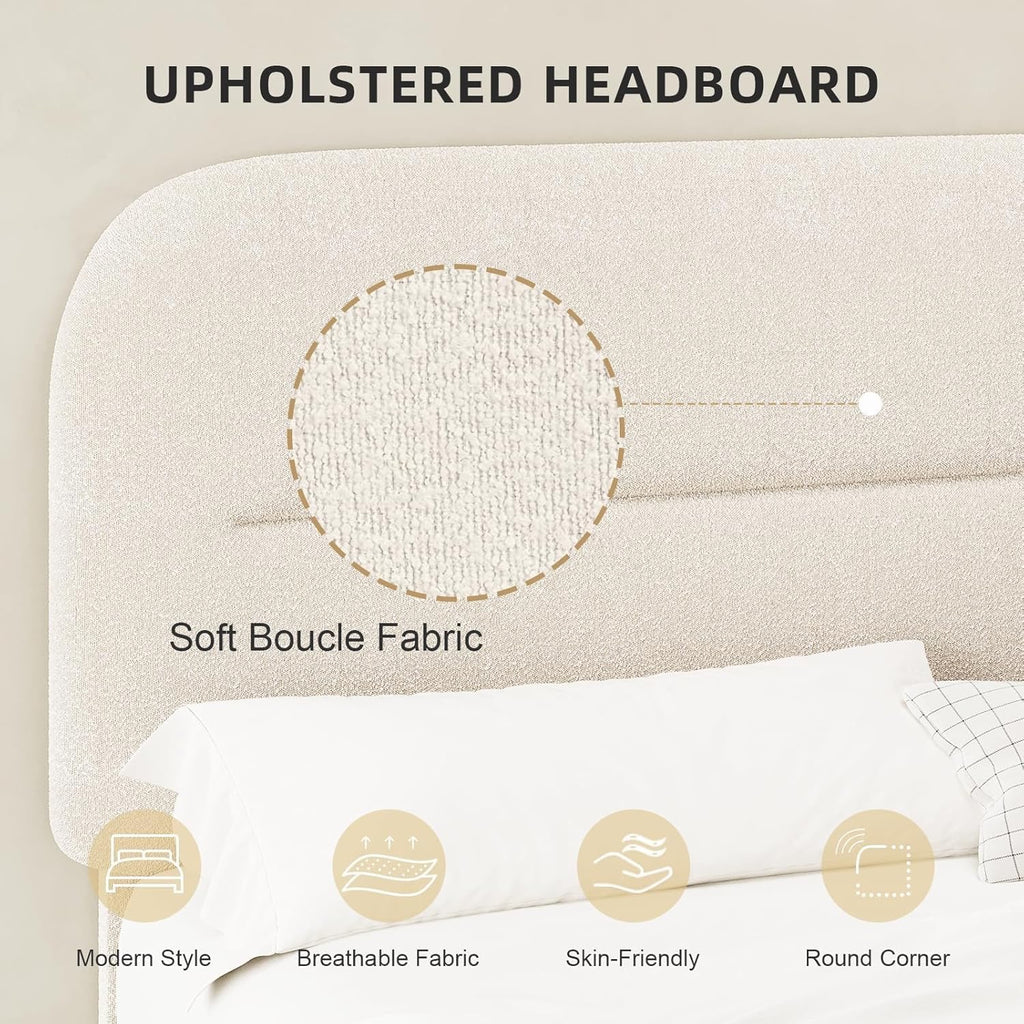 HOMBCK Bouclé Upholstered King Bed Frame | Cream Cloud Platform Bed with Rounded Corners