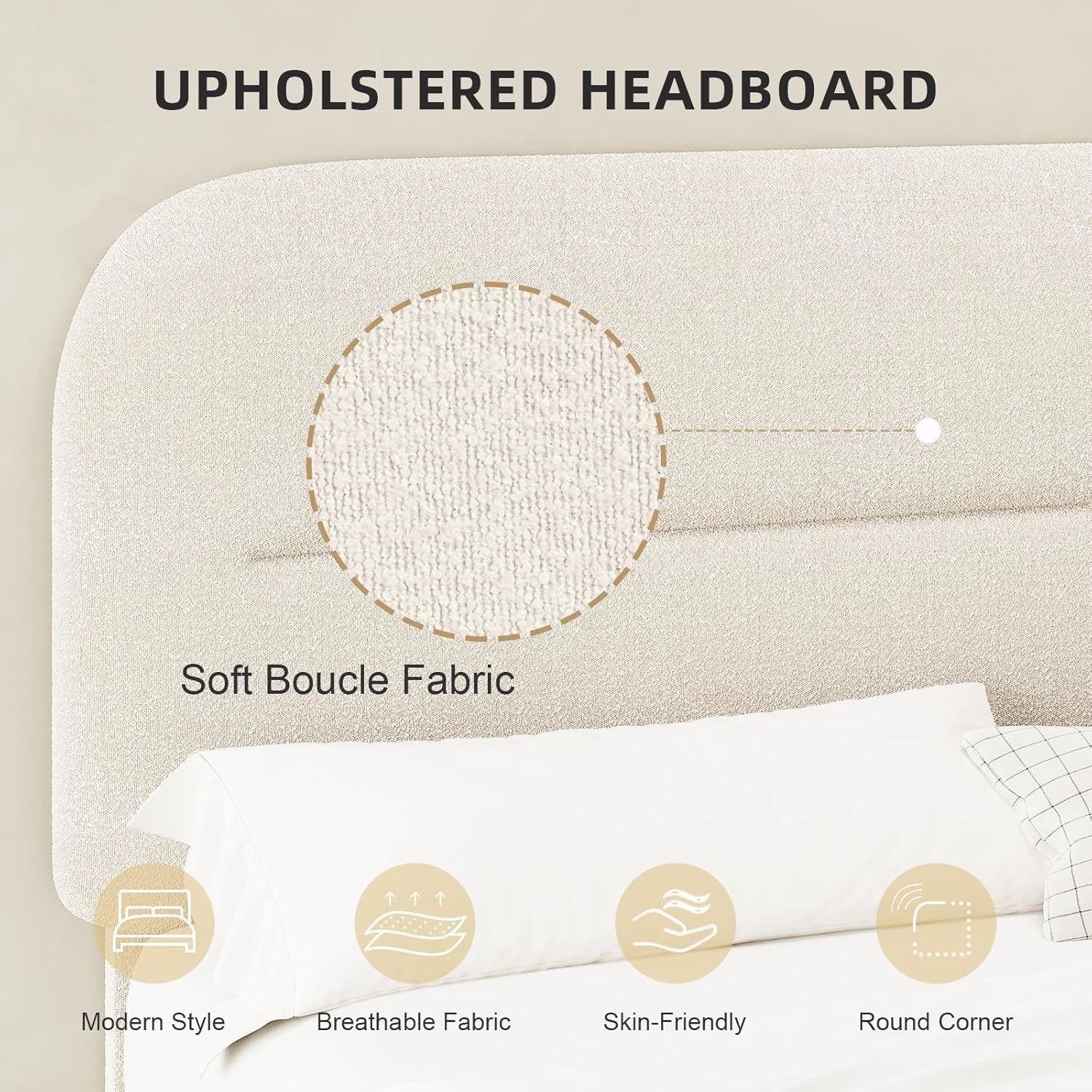 HOMBCK Bouclé Upholstered King Bed Frame | Cream Cloud Platform Bed with Rounded Corners
