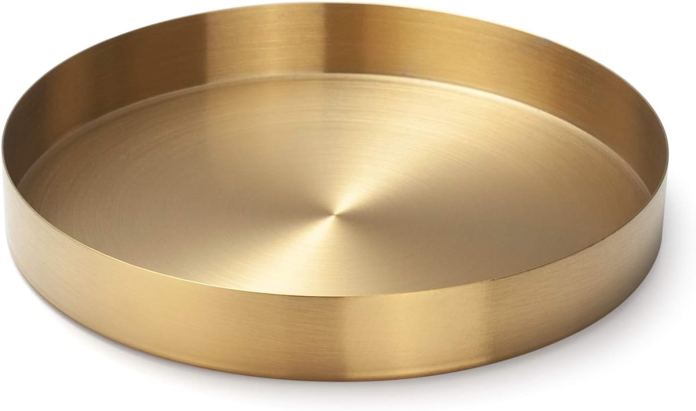 Round Gold Tray Stainless Steel Jewelry, Make up, Candle Plate Decorative Tray (8.6 inches)