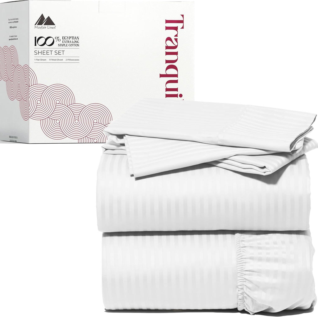 Mayfair Linen 800 Thread Count Egyptian Cotton King Sheet Set | White Stripe Cooling Deep Pocket Sheets