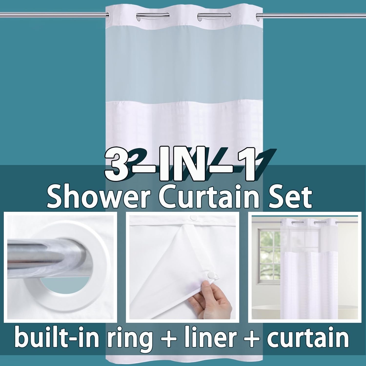 Conbo Mio No Hook Shower Curtain with Snap-In Liner | Hotel Style White Curtain with See-Through Top Waterproof 71x74