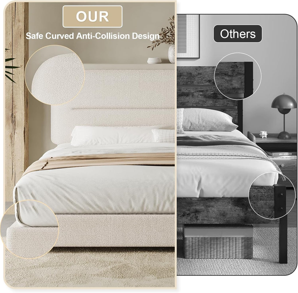 HOMBCK Bouclé Upholstered King Bed Frame | Cream Cloud Platform Bed with Rounded Corners