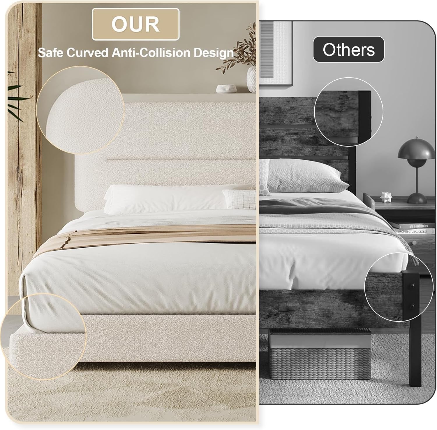 HOMBCK Bouclé Upholstered King Bed Frame | Cream Cloud Platform Bed with Rounded Corners