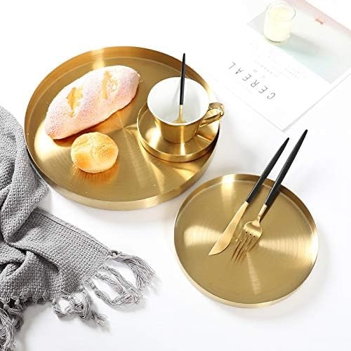 Round Gold Tray Stainless Steel Jewelry, Make up, Candle Plate Decorative Tray (8.6 inches)