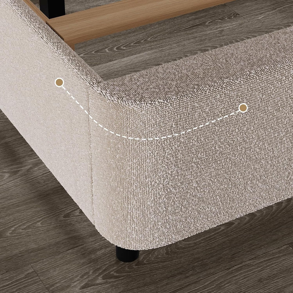 HOMBCK Bouclé Upholstered King Bed Frame | Cream Cloud Platform Bed with Rounded Corners