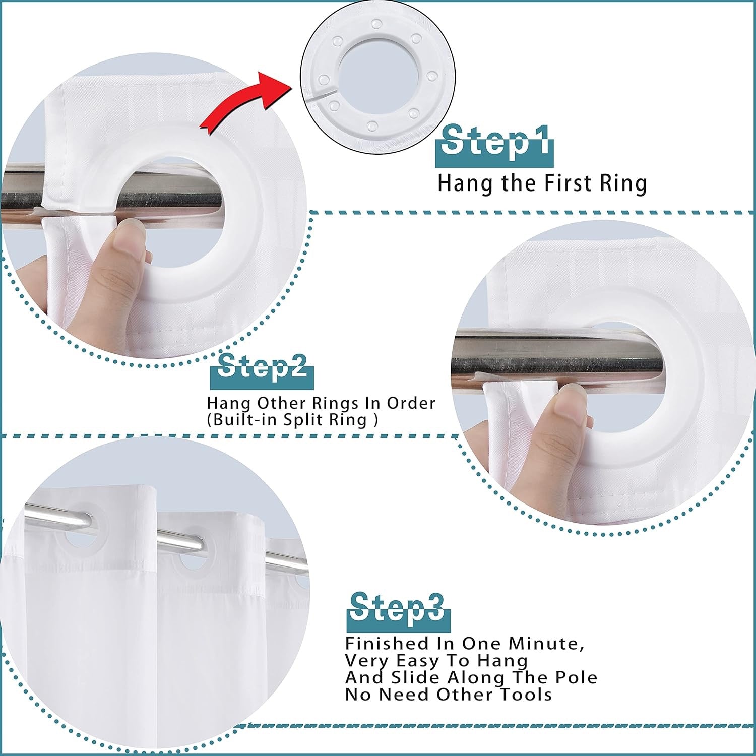 Conbo Mio No Hook Shower Curtain with Snap-In Liner | Hotel Style White Curtain with See-Through Top Waterproof 71x74