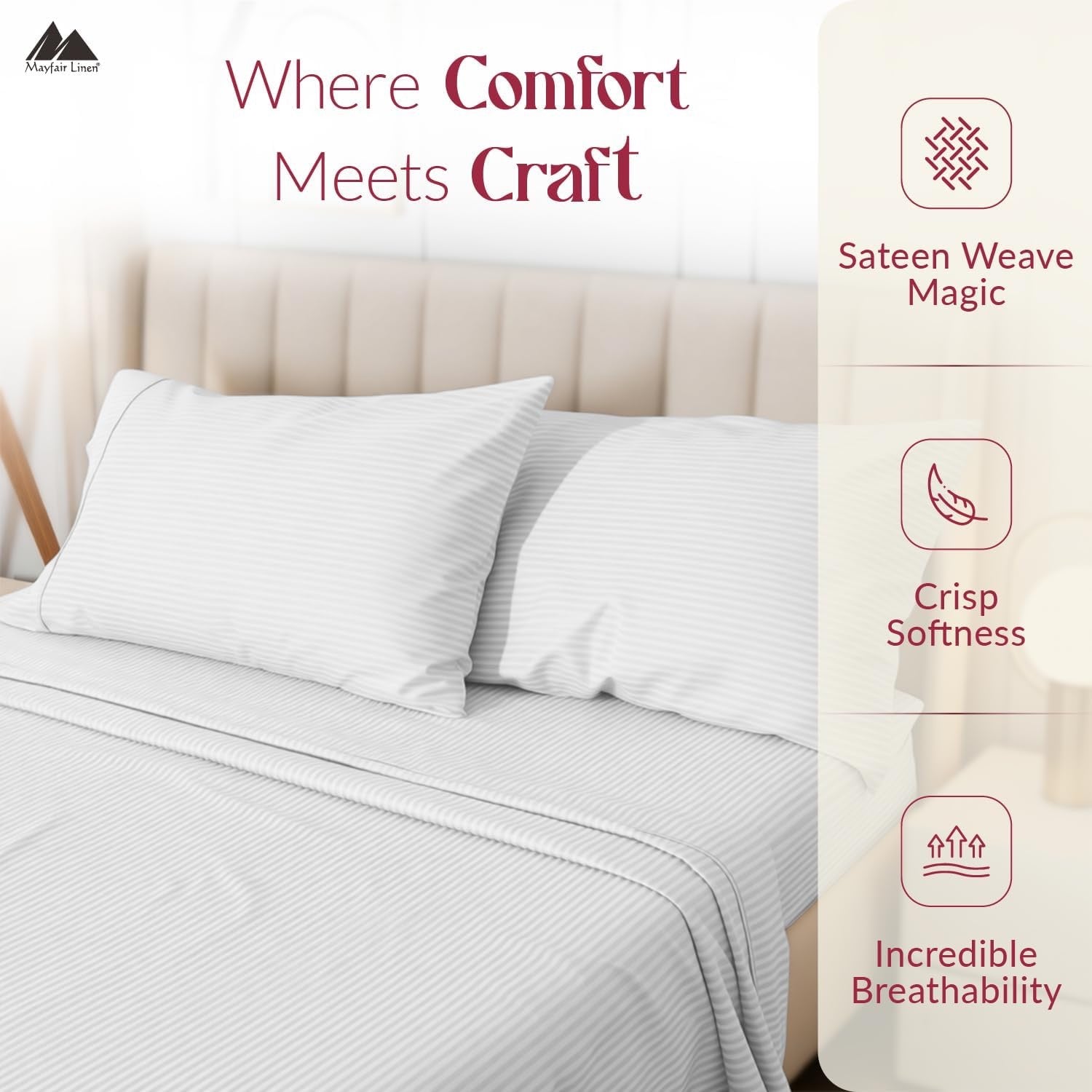 Mayfair Linen 800 Thread Count Egyptian Cotton King Sheet Set | White Stripe Cooling Deep Pocket Sheets