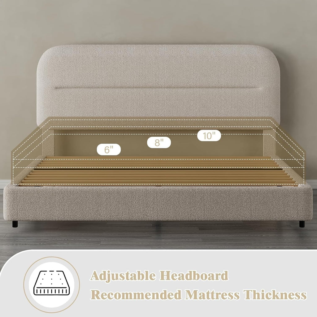 HOMBCK Bouclé Upholstered King Bed Frame | Cream Cloud Platform Bed with Rounded Corners
