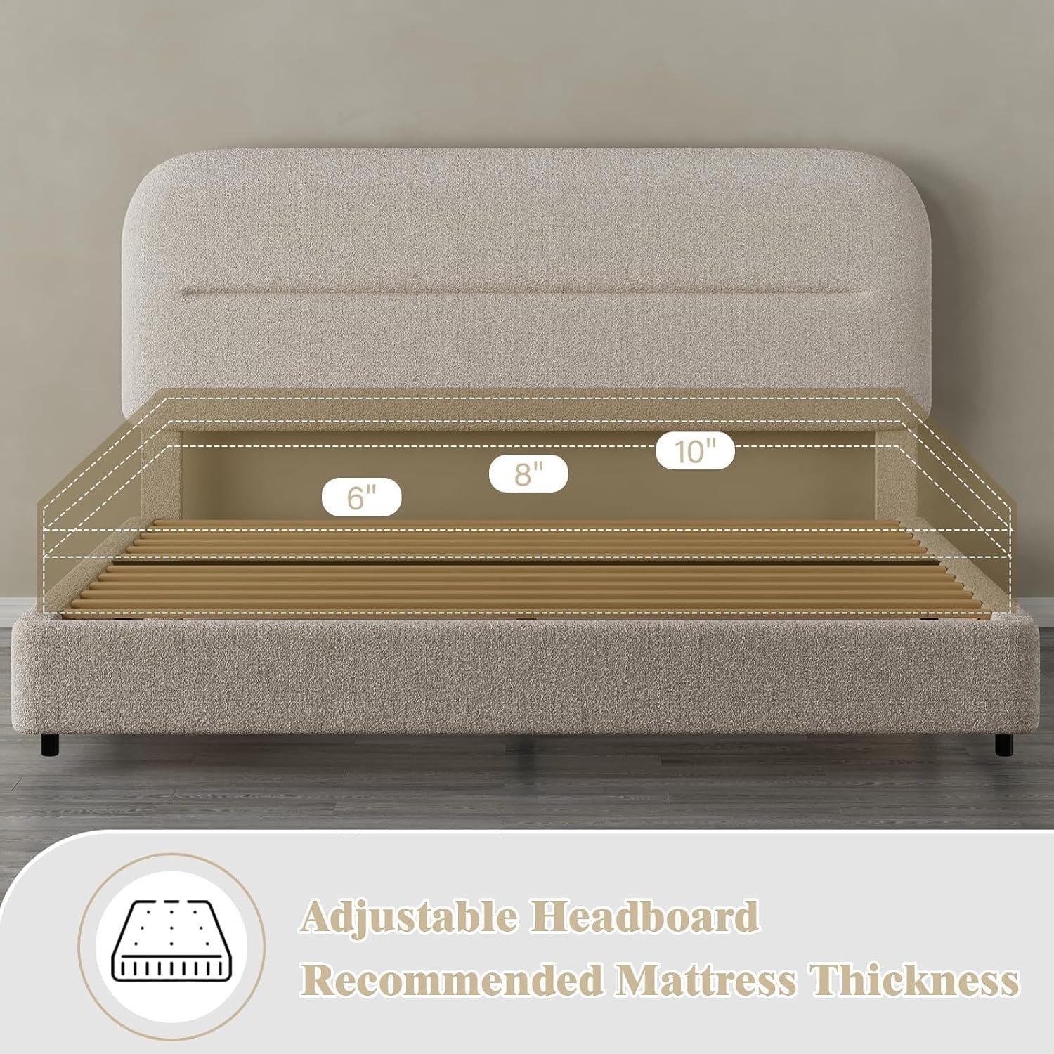HOMBCK Bouclé Upholstered King Bed Frame | Cream Cloud Platform Bed with Rounded Corners