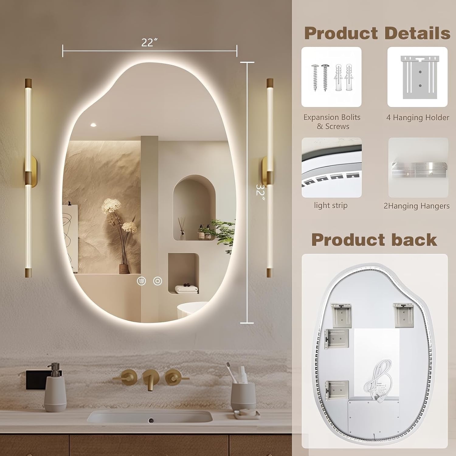 32” x 22” Asymmetrical LED Bathroom Mirror | Frameless Smart Backlit Anti-Fog Dimmable Vanity Mirror
