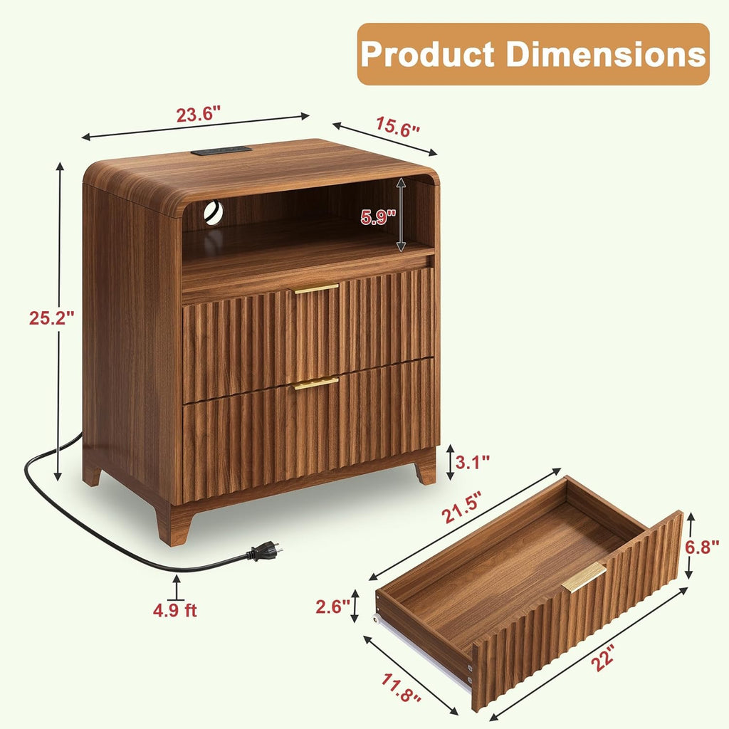 3-Piece Bedroom Furniture Set | Fluted 8-Drawer Dresser + 2 Nightstands with Charging Station – Walnut