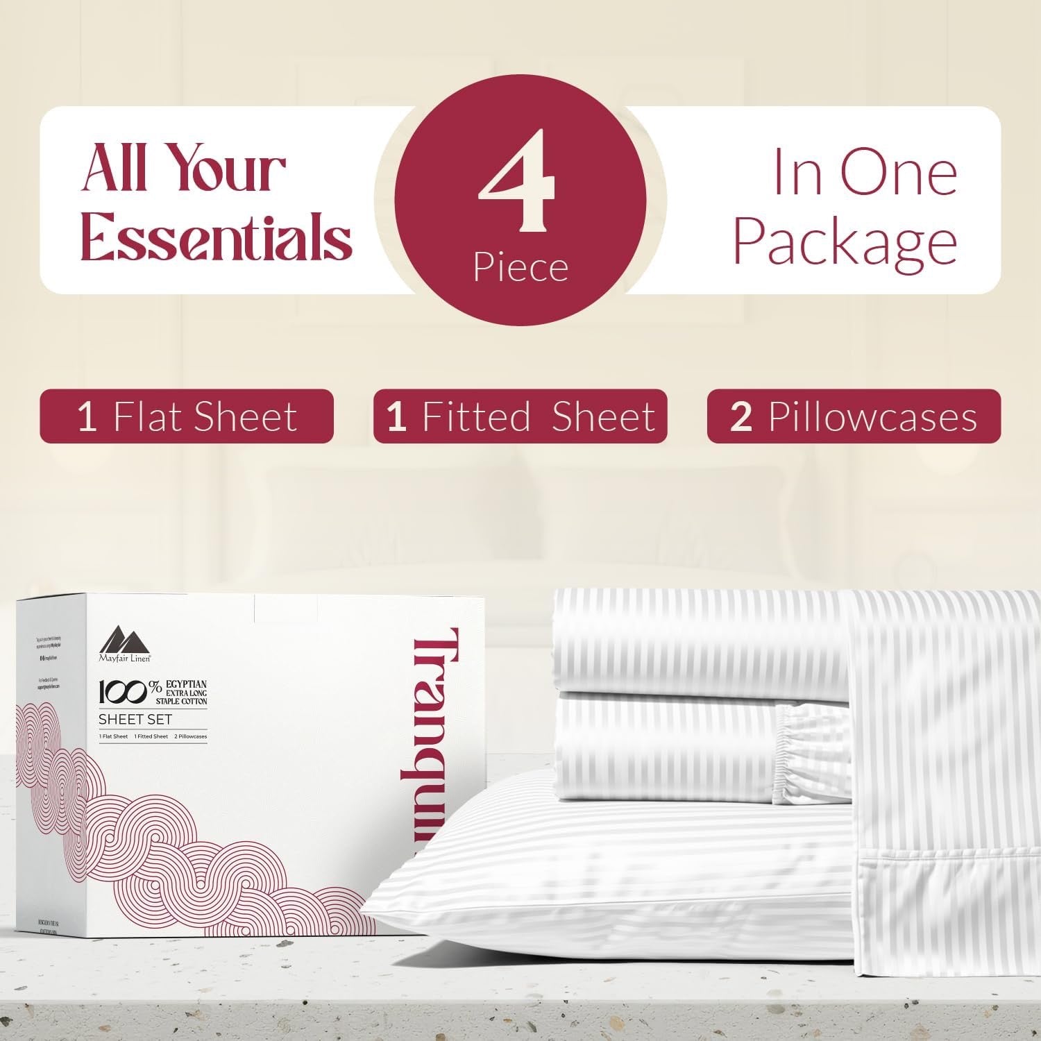 Mayfair Linen 800 Thread Count Egyptian Cotton King Sheet Set | White Stripe Cooling Deep Pocket Sheets