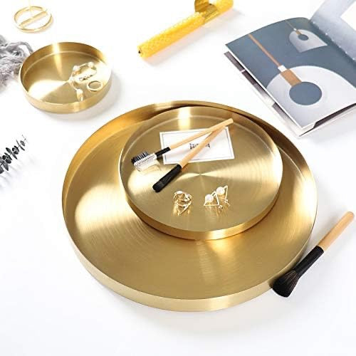 Round Gold Tray Stainless Steel Jewelry, Make up, Candle Plate Decorative Tray (8.6 inches)