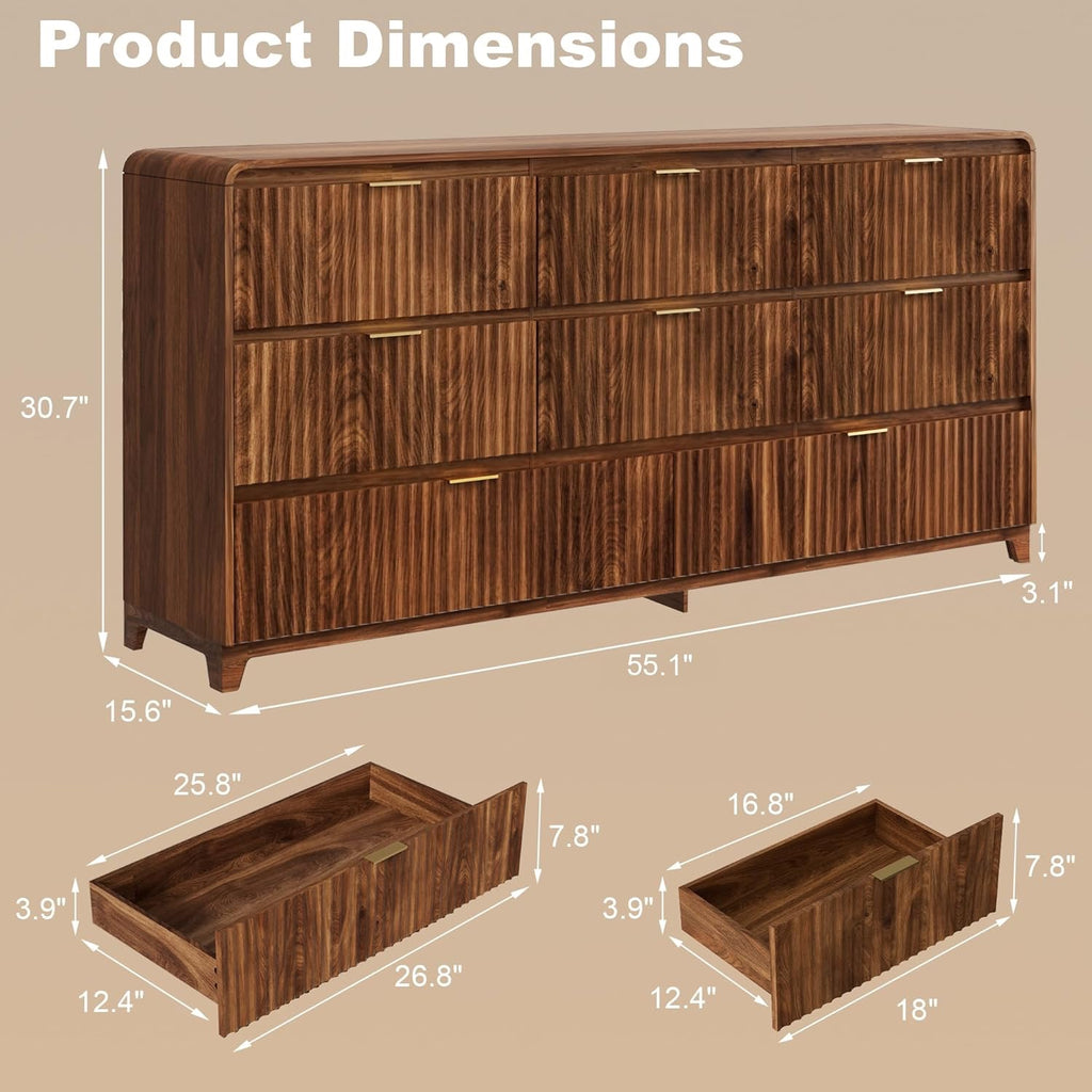 3-Piece Bedroom Furniture Set | Fluted 8-Drawer Dresser + 2 Nightstands with Charging Station – Walnut