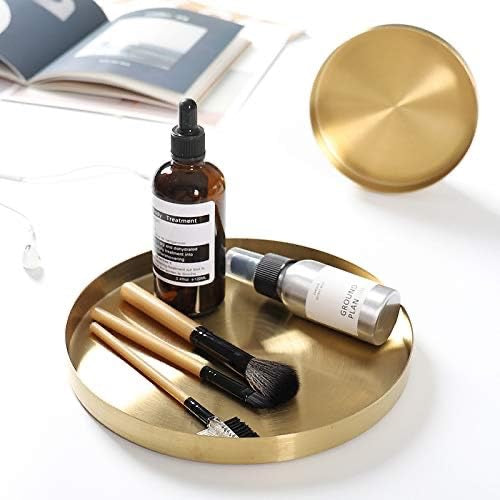 Round Gold Tray Stainless Steel Jewelry, Make up, Candle Plate Decorative Tray (8.6 inches)