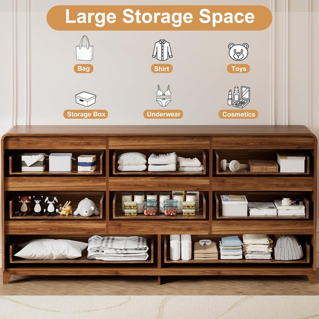 3-Piece Bedroom Furniture Set | Fluted 8-Drawer Dresser + 2 Nightstands with Charging Station – Walnut