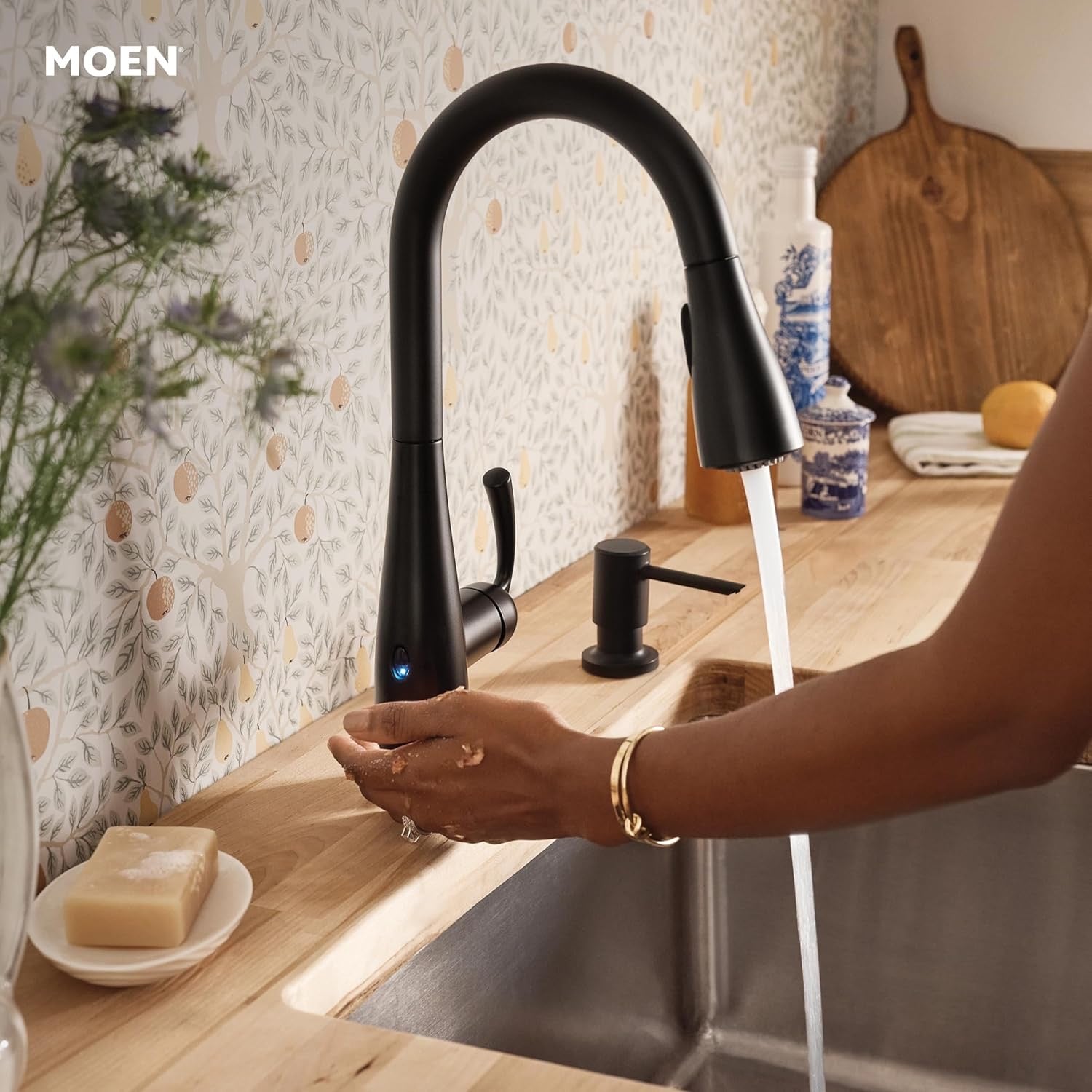 Moen Essie MotionSense Wave Touchless Kitchen Faucet Matte Black 87014EWBL | Pulldown Sprayer with Soap Dispenser & Power Clean