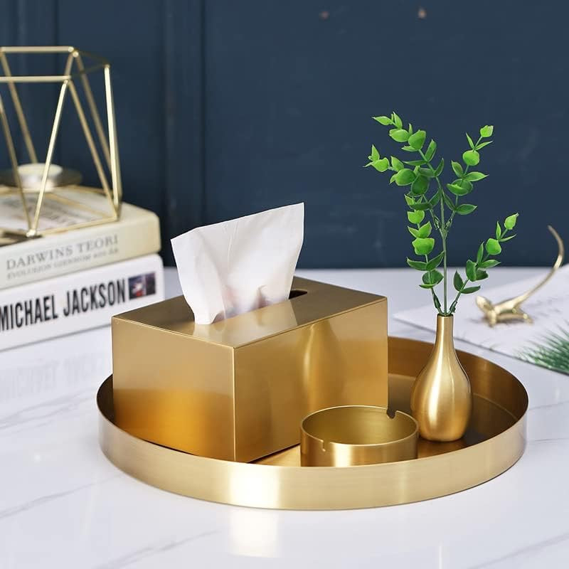 Round Gold Tray Stainless Steel Jewelry, Make up, Candle Plate Decorative Tray (8.6 inches)
