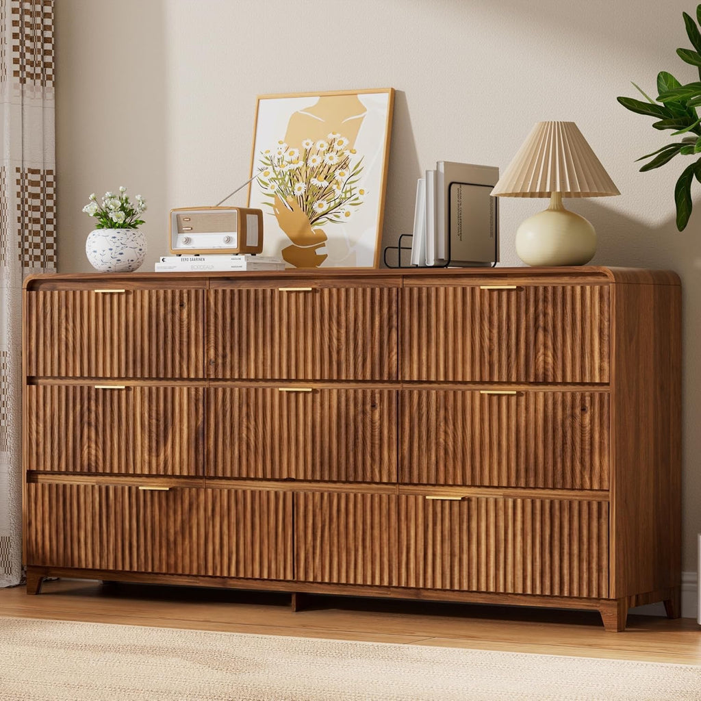 3-Piece Bedroom Furniture Set | Fluted 8-Drawer Dresser + 2 Nightstands with Charging Station – Walnut