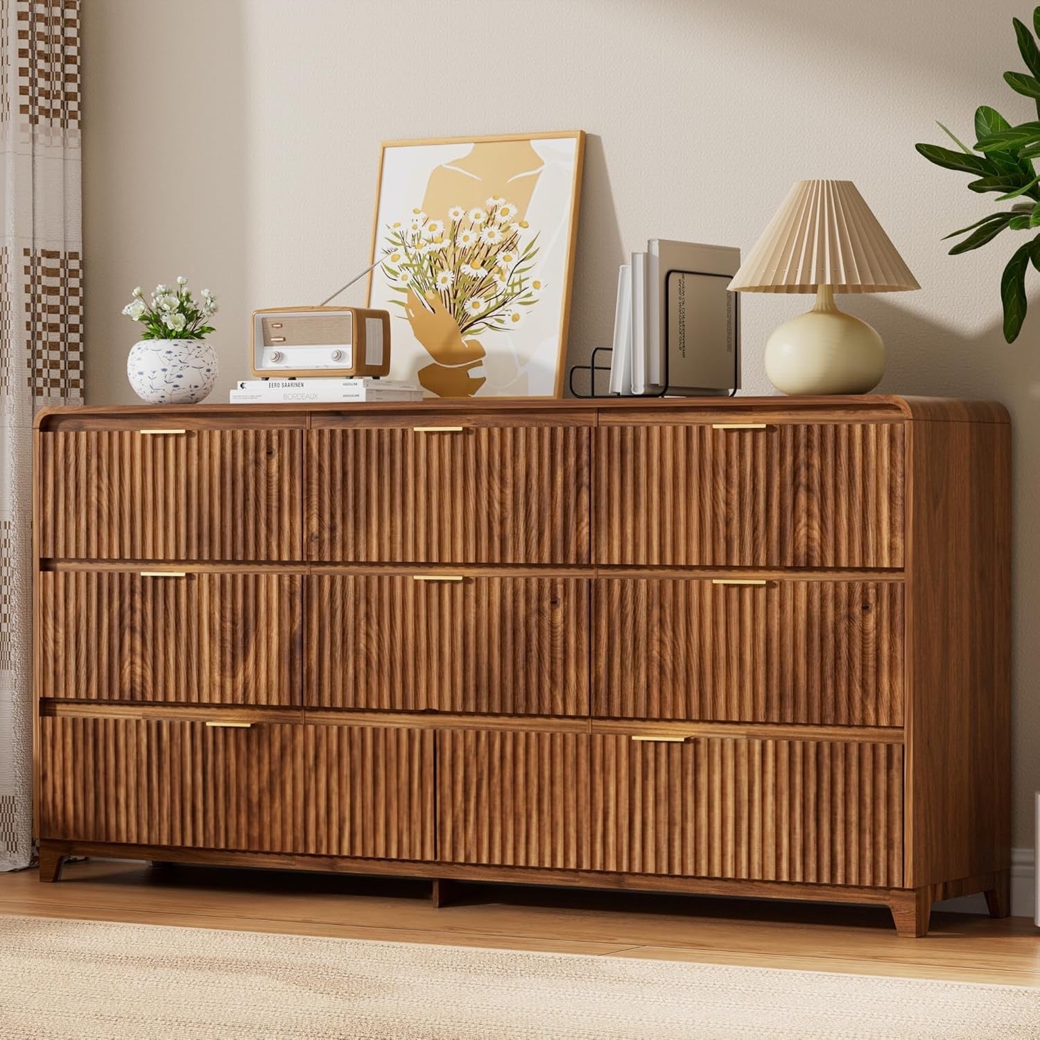 3-Piece Bedroom Furniture Set | Fluted 8-Drawer Dresser + 2 Nightstands with Charging Station – Walnut