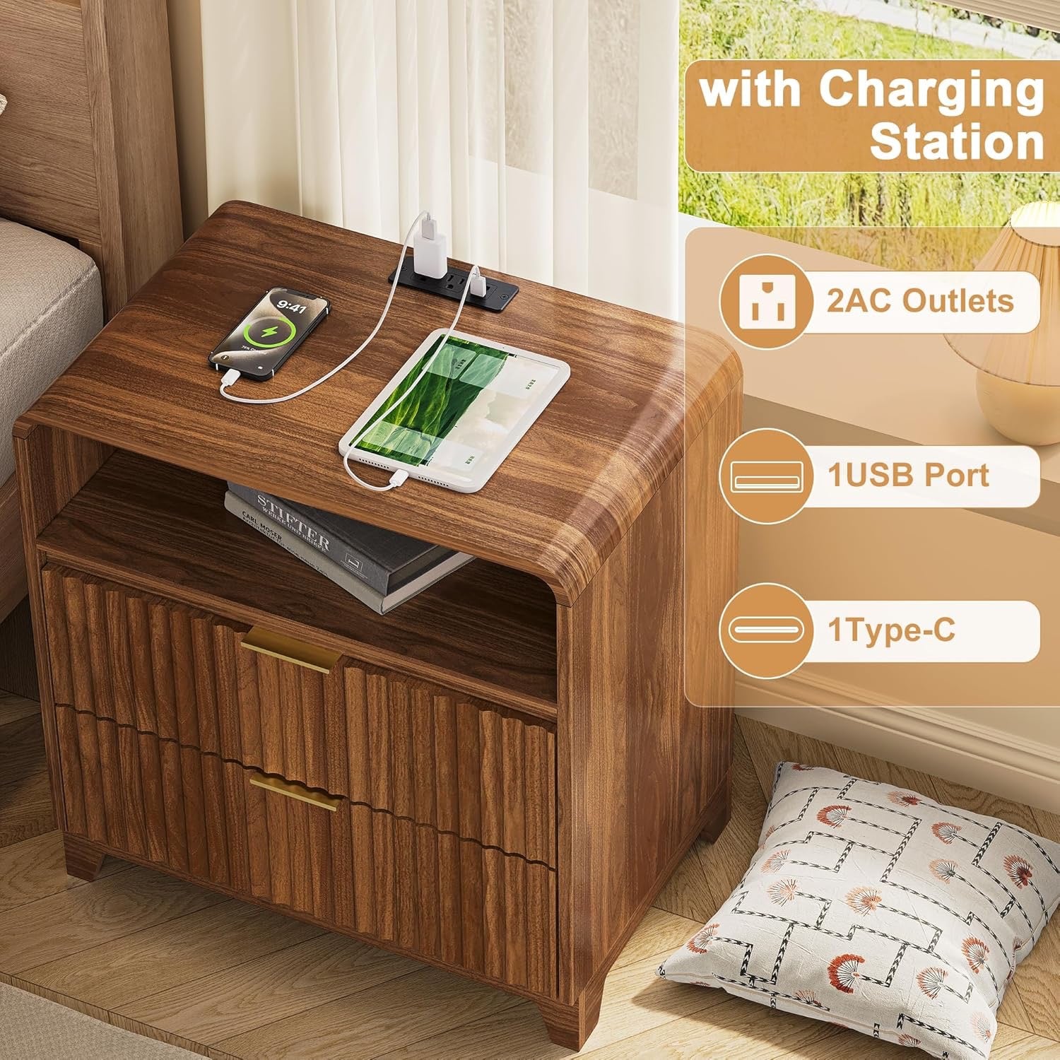 3-Piece Bedroom Furniture Set | Fluted 8-Drawer Dresser + 2 Nightstands with Charging Station – Walnut