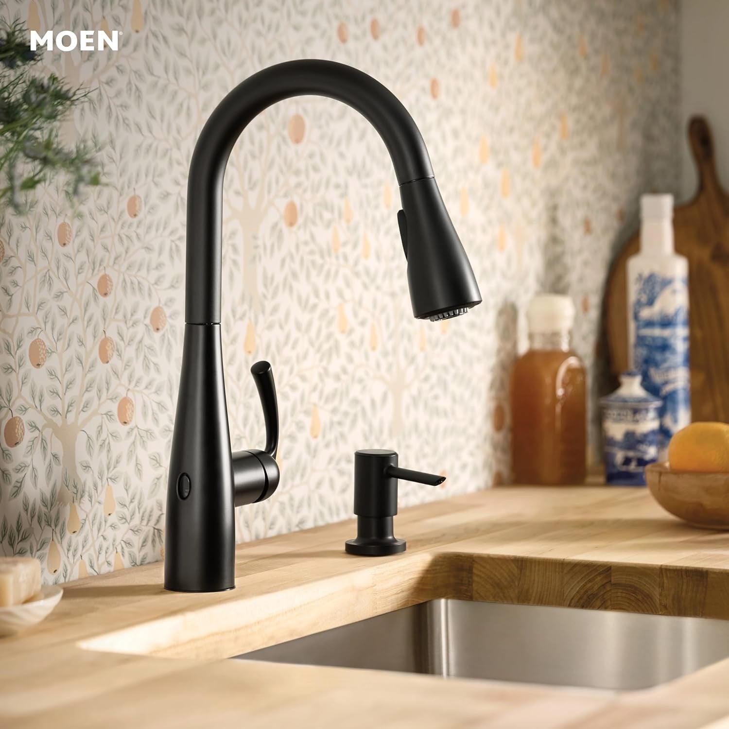 Moen Essie MotionSense Wave Touchless Kitchen Faucet Matte Black 87014EWBL | Pulldown Sprayer with Soap Dispenser & Power Clean