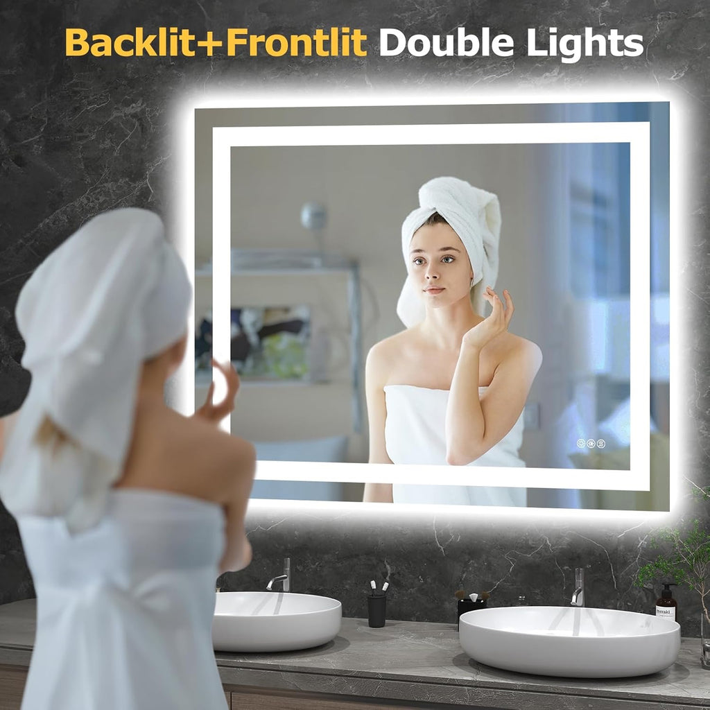 40” x 32” LED Smart Bathroom Mirror | Backlit + Front Lit Anti-Fog Vanity Mirror with Memory Function
