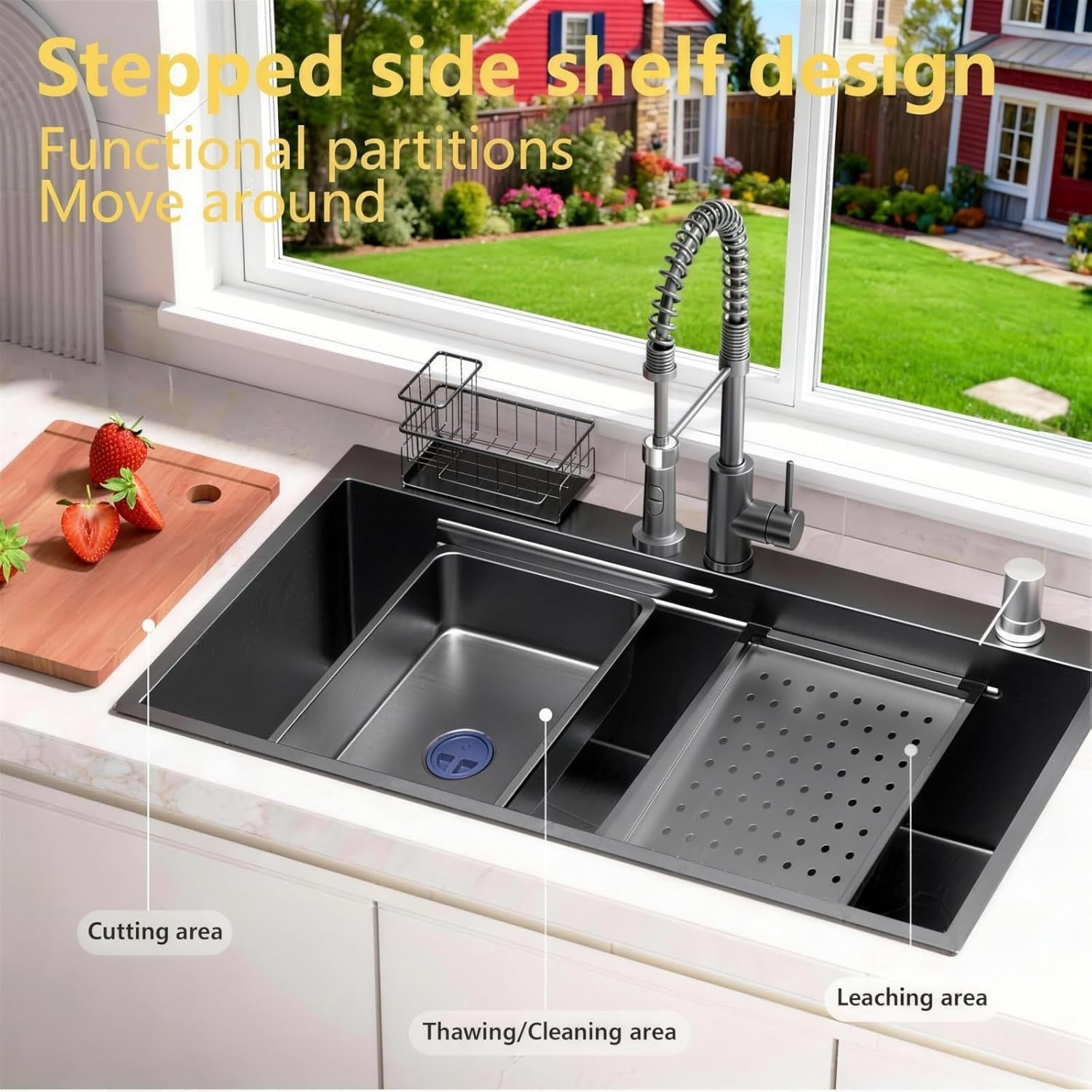 32x19 Black Stainless Steel Drop-In Kitchen Sink – Single Bowl Workstation Sink with Faucet & Accessories