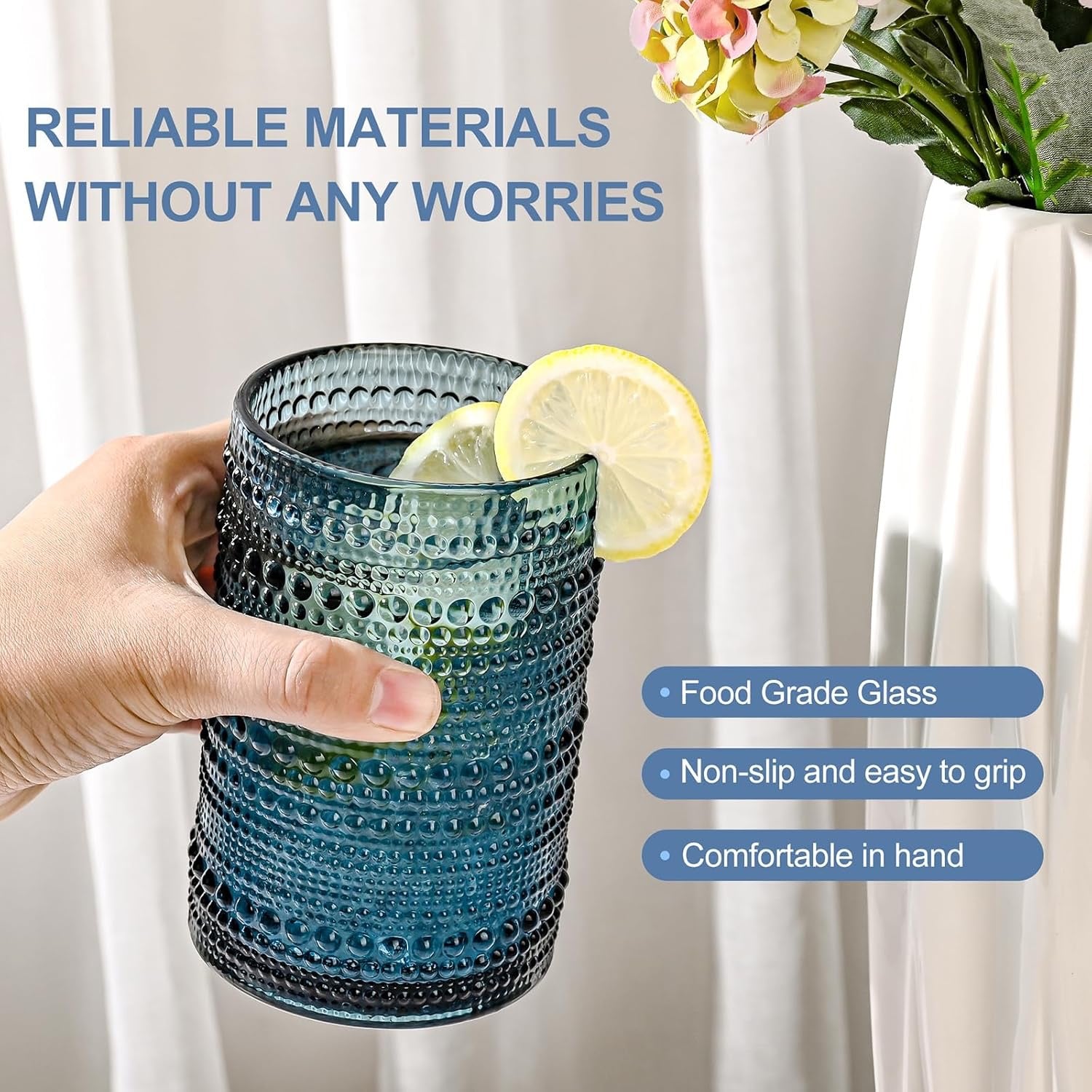Vintage Blue Hobnail Drinking Glasses Set of 12 | 12oz & 15oz Embossed Glass Tumblers with Cleaning Brush (Retro Cocktail & Everyday Glassware Set)