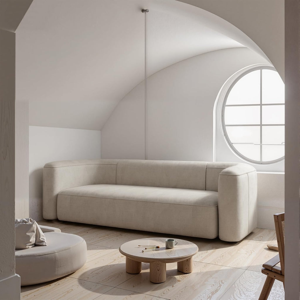 Acanva Luxury Curved Velvet Sofa (3-Seater) | Modern Minimalist Cream Upholstery