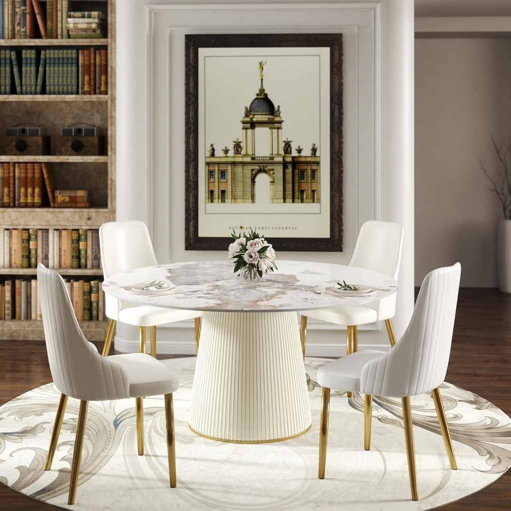 59.05" Modern Round Dining Table White Stone Top | Beige PU Base Pedestal Table for 8 | Contemporary Dining Room Statement