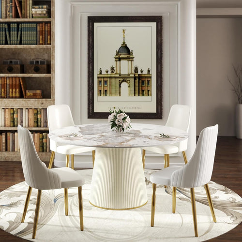 59.05" Modern Round Dining Table White Stone Top | Beige PU Base Pedestal Table for 8 | Contemporary Dining Room Statement